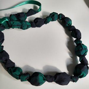 Handmade necklace, plaid taffeta knotted over wood beads